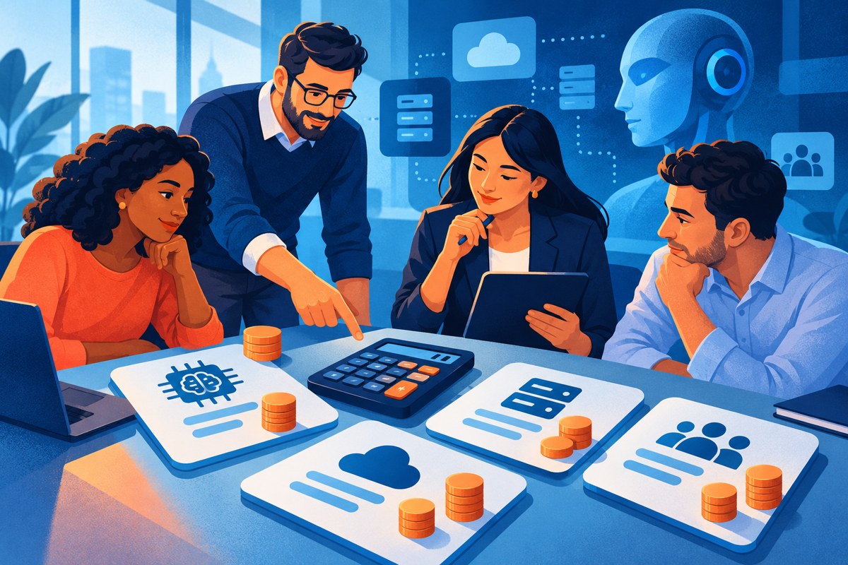 Equipo que analiza los componentes del costo de una solución de inteligencia artificial.